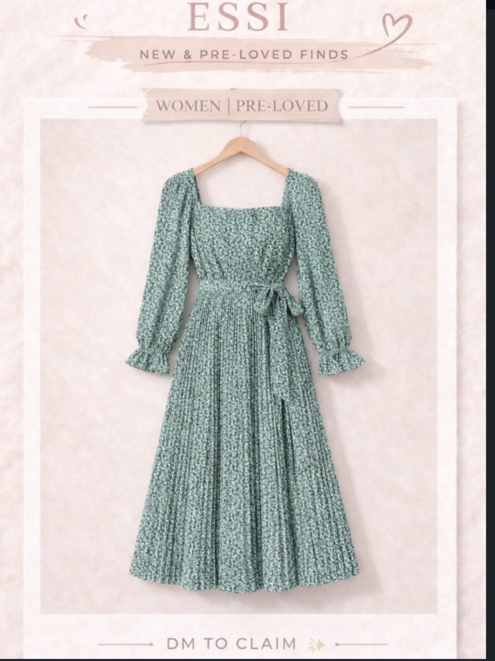 Long Sleeve Square Neck Floral Midi Dress in Sage Green